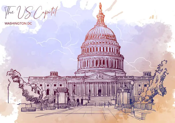 Vector illustration of Front view of the US Capitol Building. Watercolor Grunge BG