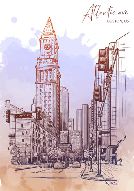 panorama der state street und custom house tower in boston - prachtstraße stock-grafiken, -clipart, -cartoons und -symbole