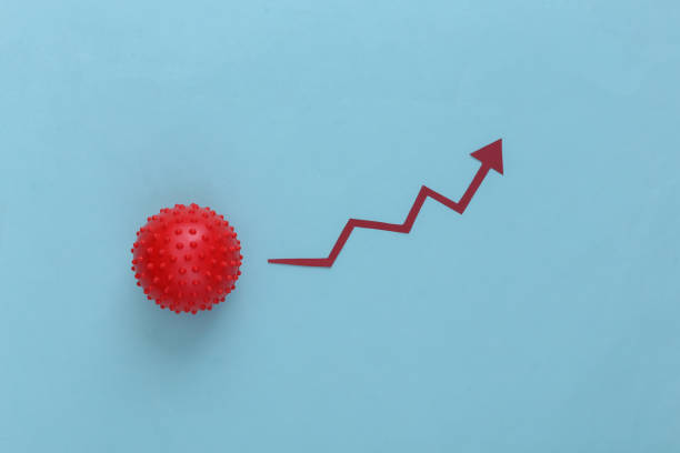 istock Increased covid-19 infection. Virus strain model and upward arrow pointing up against blue background 1308567516