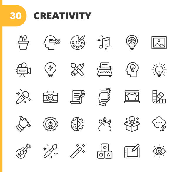 Art and Creativity Line Icons. Editable Stroke. Pixel Perfect. For Mobile and Web. Contains such icons as Art, Creativity, Drawing, Painting, Photography, Writing, Imagination, Innovation, Brainstorming, Design, Marketing, Music, Media. 30 Art and Creativity Outline Icons. Art, Creativity, Drawing, Painting, Photography, Writing, Imagination, Innovation, Brainstorming, Design, Marketing, Music, Media, Paintbrush, Paint, Vector Graphics, Lightbulb, Image, Drawing Tablet, Artificial Intelligence, Guitar, Music, Playing Guitar, Singing. art icon stock illustrations