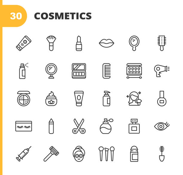 ilustrações, clipart, desenhos animados e ícones de ícones da linha de cosméticos. golpe editável. pixel perfeito. para mobile e web. contém ícones como cosméticos, beleza, maquiagem, shampoo, salão de beleza, cuidados com o corpo, higiene, moda, unha, barbeiro, perfume, batom, sobrancelha. - nail polish isolated cosmetics bottle