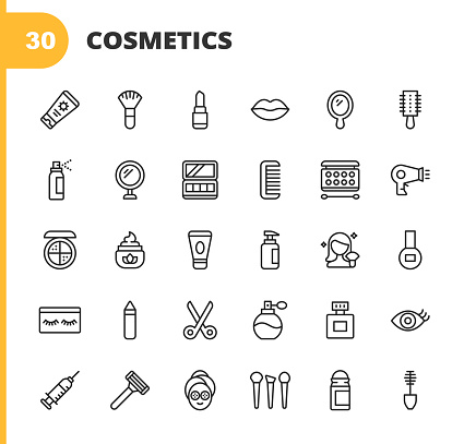 30 Cosmetics Outline Icons. Cosmetics, Make-Up, Beauty, Wellness, Shampoo, Hair Salon, Body Care, Hygiene, Fashion, Nail, Barber, Perfume, Lipstick, Eyebrow, Mirror, Moisturizer, Nail Polish, Face Powder, Eyeshadow, Mascara, Deodorant, Skin Care, Contour Drawing.