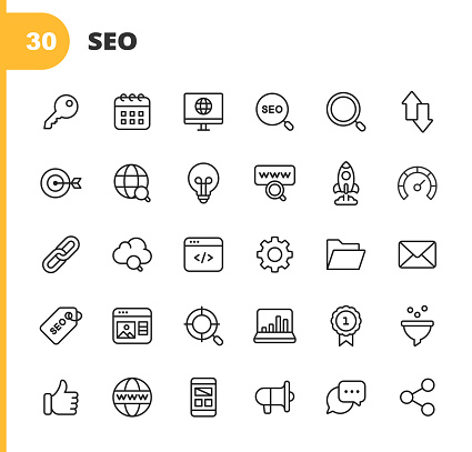 30 SEO - Search Engine Optimisation Outline Icons. Search Engine Optimisation, Marketing, Internet, Thumb Up, Like Button, Web Browser, Magnifying Glass, Advertising, Speaker, Target, Performance Marketing, Big Data, Technology, E-Commerce, Idea, Lightbulb, Mobile App, Web Layout, Webpage Link, Chain, Computer Programming, Link Sharing, Performance, Startup, Settings.