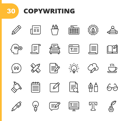 30 Copywriting Outline Icons. Writing, Pencil, Pen, Newspaper, Reading, Magazine, Office, Brainstorming, Creativity, Work From Home, Freelancing, Typewriter, Marketing, Paper, Book, Notebook, Quote, Keyboard, Idea, Typography, Text Messaging, Online Messaging. Chat, Autograph, Signature.