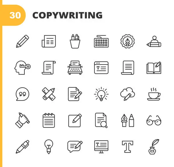Vector illustration of Copywriting Line Icons. Editable Stroke. Pixel Perfect. For Mobile and Web. Contains such icons as Pencil, Newspaper, Magazine, Pen, Writing, Reading, Brainstorming, Creativity, Typewriter, Marketing, Book, Notebook, Quote, Keyboard, Idea, Typography.