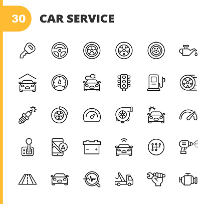 30 Car Service and Auto Repair Shop Outline Icons. Car Key, Steering Wheel, Tire, Wheel, Car Oil, Car, Vehicle, Transportation, Truck, Roadside Assistance, Speedometer, Electric Vehicle, Electric Car, Car Mirror, Navigation, Battery, Garage, Car Engine, Car Light, Gearbox, Auto Mechanic, Motor, Oil Change, Repairing.