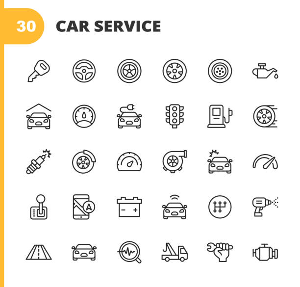 Car Service and Auto Repair Shop Line Icons. Editable Stroke. Pixel Perfect. For Mobile and Web. Contains such icons as Car Accident, Mechanic, Steering Wheel, Tire, Wheel, Car Oil, Garage, Speedometer, Car Mirror, Navigation, Battery. 30 Car Service and Auto Repair Shop Outline Icons. Car Key, Steering Wheel, Tire, Wheel, Car Oil, Car, Vehicle, Transportation, Truck, Roadside Assistance, Speedometer, Electric Vehicle, Electric Car, Car Mirror, Navigation, Battery, Garage, Car Engine, Car Light, Gearbox, Auto Mechanic, Motor, Oil Change, Repairing. car motor stock illustrations