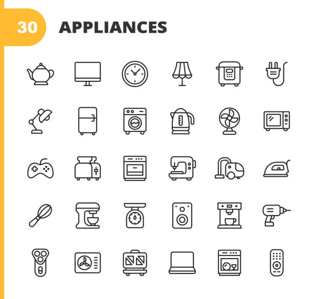 Appliances Line Icons. Editable Stroke. Pixel Perfect. For Mobile and Web. Contains such icons as Pot, Clock, Hair Dryer, Fridge, Washing Machine, Gaming Pad, Toaster, Air Conditioner, Work Tool. 30 Appliances Outline Icons. Home, Teapot, Television, Smart TV, Clock, Time, Oven, Gas Stove, Hair Dryer, Lamp, Fridge, Washing Machine, Dryer, Sewing Machine, Electric Kettle, Gaming Pad, Toaster, Air Conditioner, Air Filter, Air Purifier, Cooker Hood, Mixer, Kitchen Scale,  Vacuum Cleaner, Chipper, Work Tool. iron appliance stock illustrations