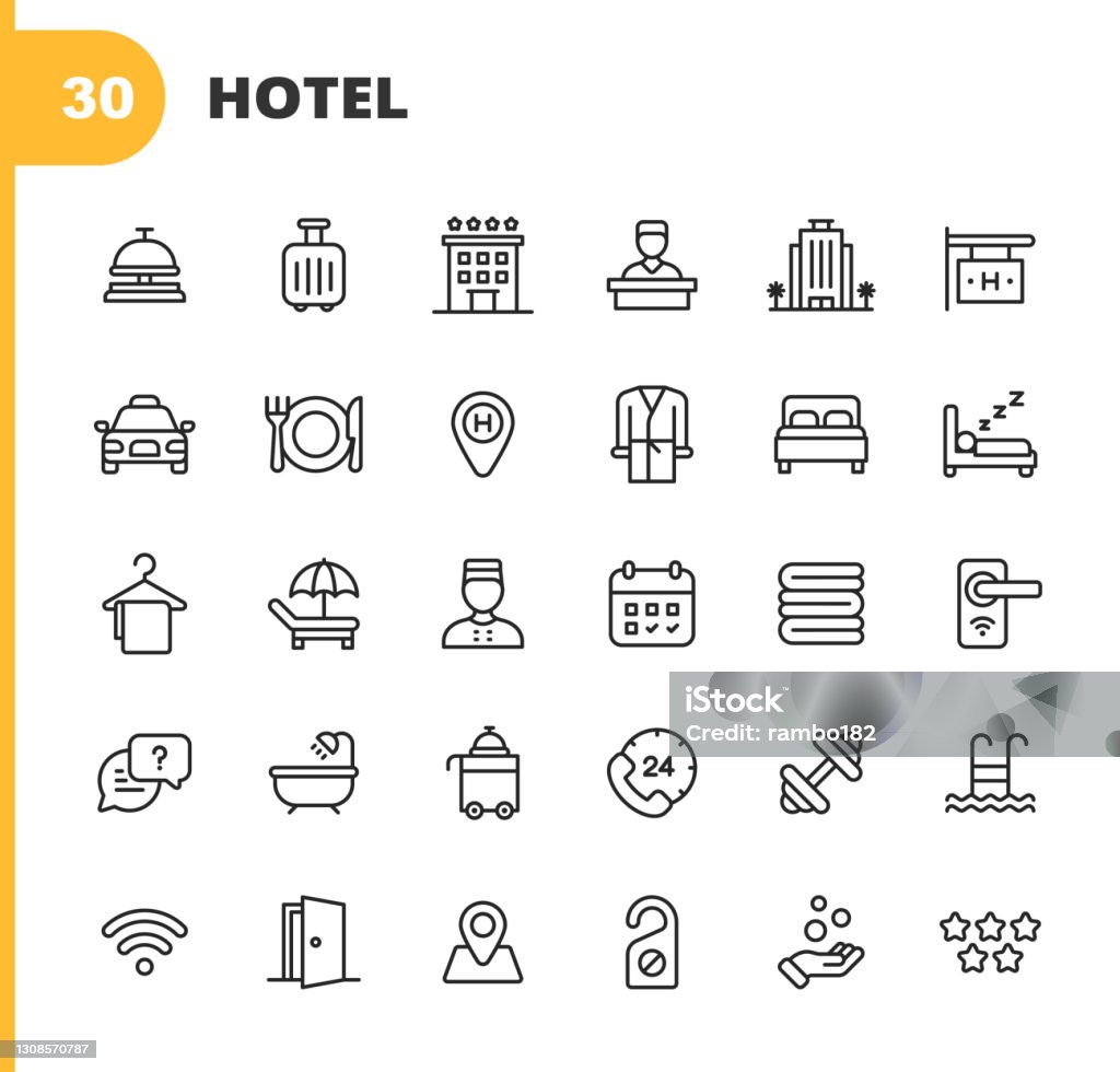 Ikony hotelových linek. Upravitelný tah. Pixel perfektní. Pro mobilní zařízení a web. Obsahuje takové ikony, jako je hotel, služby, luxus, hotelová recepce, taxi, restaurace, postel, ručník, podpora, bazén, koupel, umístění, pláž, klíč, - Bez autorských poplatků Počítačová ikona - Ortografický symbol vektorové obrázky Ikony hotelových linek. Upravitelný tah. Pixel perfektní. Pro mobilní zařízení a web. Obsahuje takové ikony, jako je hotel, služby, luxus, hotelová recepce, taxi, restaurace, postel, ručník, podpora, bazén, koupel, umístění, pláž, klíč, - Bez autorských poplatků Počítačová ikona - Ortografický symbol vektorové obrázky