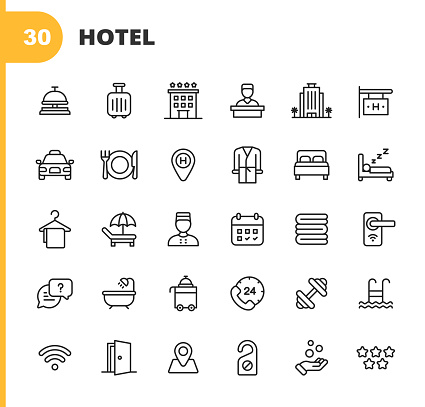 30 Hotel Outline Icons. Hostel, Vacation Rental Company, Ringing Bell, Suitcase, Hotel Reception, Hotel Service, Luxury, Five Stars, Wifi, Internet, Location, Navigation, Direction, Restaurant, Dining, Eating, Taxi, Bed, Bed and Breakfast, Towel, Customer Support, Gym, Exercising, Champagne, Text Messaging, Bath, Beach, Swimming Pool, Tip, Tipping.