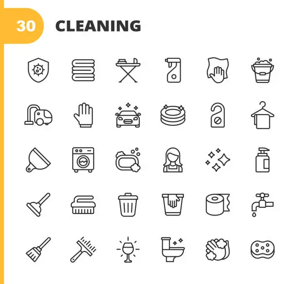 Vector illustration of Cleaning Line Icons. Editable Stroke. Pixel Perfect. For Mobile and Web. Contains such icons as Bacteria, Cleaning, Washing, Wiping, Towel, Ironing, Laundry, Bucket, Vacuum Cleaner, Cleaning Gloves, Car Wash, Washing Machine, Soap, Waste Container.