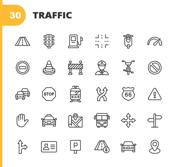 Vector illustration of Traffic Line Icons. Editable Stroke. Pixel Perfect. For Mobile and Web. Contains such icons as Road, Traffic Light, Speedometer, Stop Sign, Traffic Cone, Car, Vehicle, Warning Sign, Map, Navigation, Taxi, Gas Station, Tram.