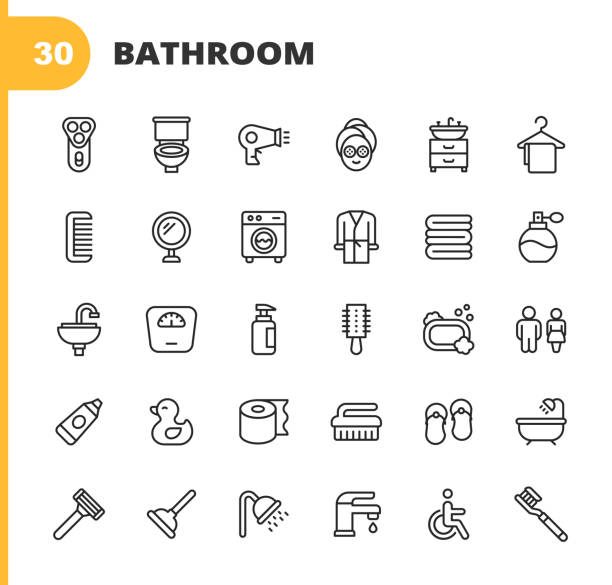 Bathroom Line Icons. Editable Stroke. Pixel Perfect. For Mobile and Web. Contains such icons as Razor, Toilet, Hair Dyer, Towel, Hanger, Comb, Mirror, Washing Machine, Perfume, Faucet, Sink, Weight Scale, Soap, Soap Container, Toilet Paper, Bathtub. 30 Bathroom Outline Icons. Razor, Toilet, WC, Hair Dryer, Towel, Hanger, Face Mask, Comb, Mirror, Washing Machine, Perfume, Faucet, Sink, Weight Scale, Bathroom, Toothpaste, Cream, Children Toy, Bath Toy, Toilet Paper, Bathtub, Disabled Person, Soap, Soap Container. utility room stock illustrations