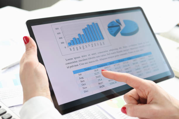 istock Female hand holds tablet and finger points to charts with business indicators 1308571741