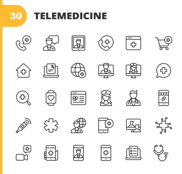 Telemedicine Line Icons. Editable Stroke. Pixel Perfect. For Mobile and Web. Contains such icons as Stethoscope, Telemedicine, Digital Healthcare, Video Call with Doctor, Online Consultation, Nurse, Doctor, Artificial Intelligence in Healthcare. 30 Telemedicine Outline Icons. Stethoscope, Telemedicine, Digital Healthcare, Healthcare Application, Calling Hospital, Video Call with Doctor, Online Consultation, Video Calling a Doctor, Nurse, Doctor, Man Describes Symptoms using Telemedicine, Checklist, Artificial Intelligence in Healthcare. telemedicine stock illustrations