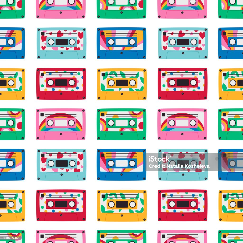 Recorder Texture Old School Cassettes Seamless Pattern Vector Illustration Tape Recorder ...