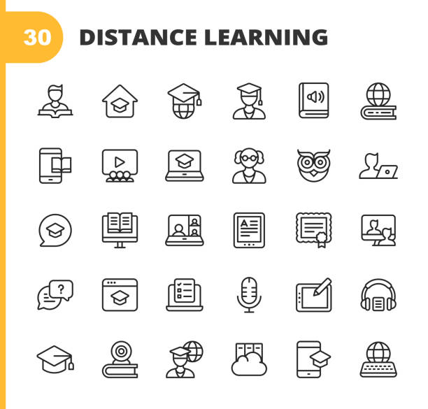 Distance Learning, Homeschooling Line Icons. Editable Stroke. Pixel Perfect. For Mobile and Web. Contains such icons as Book, Student, E-Learning, University, Graduation, Teaching, Online Course, Video Conference, Mobile App, Exam, Video Tutorial. 30 Distance Learning, Homeschooling Outline Icons. Reading Book, Homeschooling, Learning at Home, Global Education,  Remote Education, Educational Mobile App, Learning App, Video Tutorial, Online Course, Watching Video Tutorial, Online Conversation, Video Conference, E-book, Video Chat, Video Call, Online Exam, Listening to Podcast, Audiobook. professor business classroom computer stock illustrations