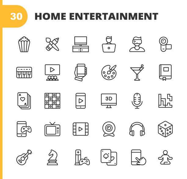 Home Entertainment Line Icons. Editable Stroke. Pixel Perfect. For Mobile and Web. Contains such icons as Popcorn, Movie, Art Supplies, Painting, Drawing, Camera, Keyboard, Mobile, Reading Books, Poker, Checkers, Mobile Video, Mobile Games, Dice. 30 Home Entertainment Outline Icons. Popcorn, Watching Movies, Art Supplies, Painting, Drawing, Television Set, Home Video Camera, Keyboard, Playing Music, Online Video, Mobile Entertainment, Reading Books, Playing Cards, Poker, Checkers, Mobile Video, Video Games, Mobile Games, Dice. hobbies stock illustrations