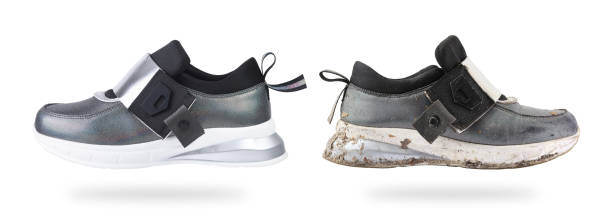 istock Fashionable sneakers before and after cleaning on a white background, side view. 1308574353