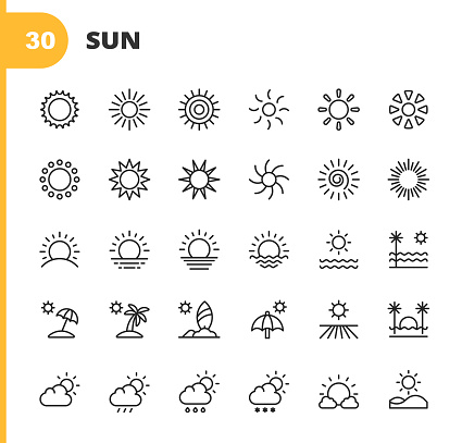 30 Sun Outline Icons. Sun, Sunshine, Summer, Holiday, Beach, Climate, Environment, Sky, Energy, Nature, Tropics, Hawaii, Travel, Warm, Hot, Heat, Sunlight.