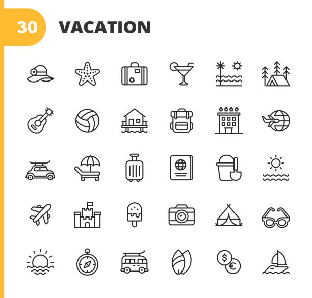 ilustrações de stock, clip art, desenhos animados e ícones de vacations and tourism line icons. editable stroke. pixel perfect. for mobile and web. contains such icons as hat, luggage, island, sea, umbrella, guitar, volleyball, travel, plane, surfing, passport, sun, sand castle, beach, tropics, hawaii, camping. - summer resort id card sign paperwork