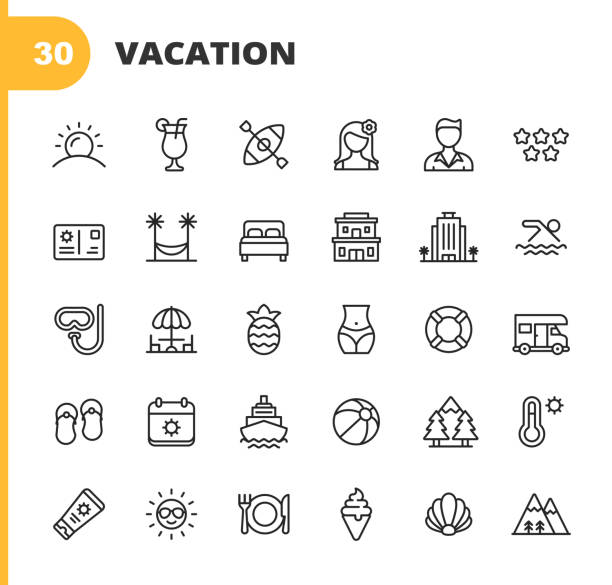 urlaub und tourismus linie icons. bearbeitbarer strich. pixel perfekt. für mobile und web. enthält wie sommer, urlaub, reisen, camping, party, sonnenbrille, sonne, zelt, restaurant, berg, wandern, regenschirm, camper, road trip, ball, kreuzfahrt, hängem - summer party drink umbrella concepts stock-grafiken, -clipart, -cartoons und -symbole