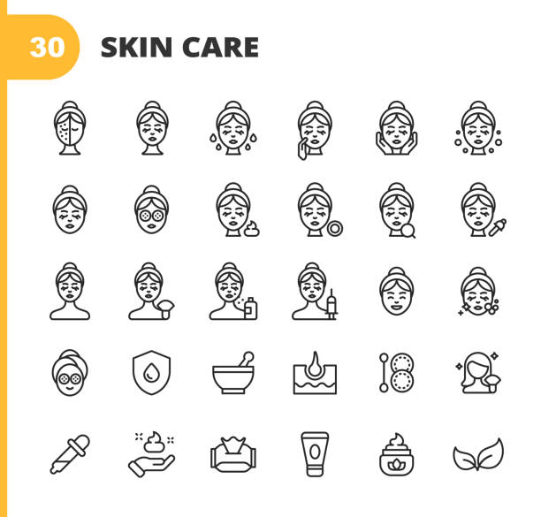 Skin Care Line Icons. Editable Stroke. Pixel Perfect. For Mobile and Web. Contains such icons as Skin Care, Spa, Cosmetics, Wellness, Make Up, Hygiene, Moisturizer, Dermatology, Lifting, Bath, Face Mask, Detox, Peeling, Surgery, Wrinkle, Soap, Perfume. 30 Skin Care Outline Icons.Skin Care, Natural Beauty, Healthy Skin, Skin Treatment,  Girl, Spa, Cosmetics, Attractive Face, Beautiful Woman, Clean Skin, Cosmetology, Health, Wellness, Make Up, Hygiene, Moisturizer, Dermatology, Lifting, Bath, Face Mask, Detox, Peeling, Surgery, Wrinkle, Soap, UV Cream, Essential Oil, Perfume, Shampoo, Spray, Shaving, Healthy Diet. facial mask beauty product illustrations stock illustrations