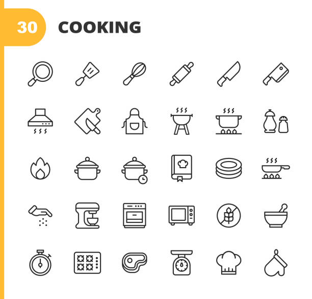 クッキングラインアイコン。編集可能なストローク。ピクセルパーフェクト。モバイルとウェブ用。ペストリーブラシ、スパチュラ、泡立て器、ローリングピン、フライパン、キッチンナイ� - kettle foods点のイラスト素材／クリップアート素材／マンガ素材／アイコン素材