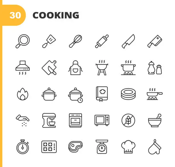 Vector illustration of Cooking Line Icons. Editable Stroke. Pixel Perfect. For Mobile and Web. Contains such icons as Pastry Brush, Spatula, Whisk, Rolling Pin, Frying Pan, Kitchen Knife, Paddle, Fork, Cooker Hood, Grill, Pan, Bowl, Chef Hat, Microwave, Chopping Board, Food.