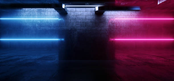 istock Realistic Cyber Modern Underground Industrial Fluorescent Purple Blue Glowing Lights Garage Cement Grunge Dark Concrete Car Parking Tunnel Corridor Background 3D Rendering 1308574543