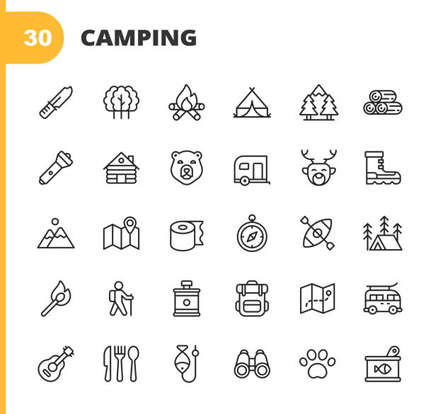 ikony linii kempingowej. edytowalny obrys. pixel perfect. dla urządzeń mobilnych i sieci web. zawiera takie ikony jak słońce, lato, namiot, las, kompas, topór, lornetka, kajak, ognisko, trekking, wspinaczka, polowanie, węzeł, camper, wycieczka, waka - outdoors tent tourism animals in the wild stock illustrations