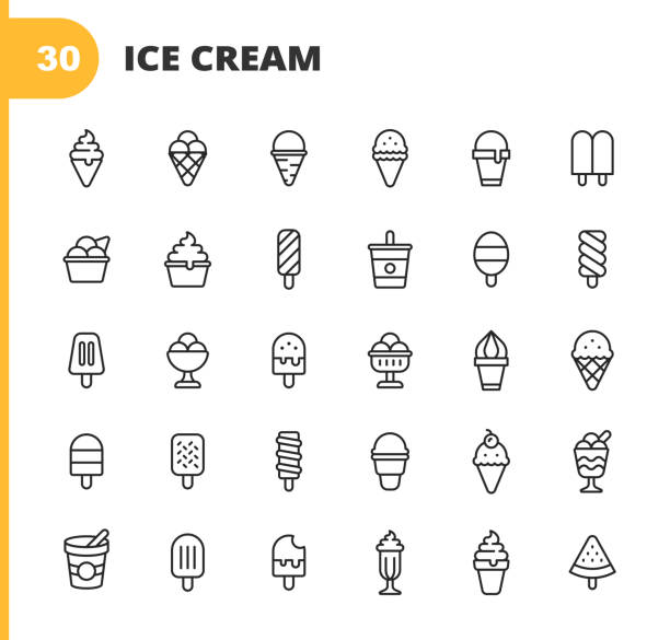 아이스크림 라인 아이콘. 편집 가능한 스트로크. 픽셀 완벽한. 모바일 및 웹용. 아이스크림, 콘, 냉동 식품, 여름, 바닐라 아이스크림, 초콜릿, 컵, 간식, 디저트, 과일, 유제품, 달콤한 식품, 우유, - 아이스크림 stock illustrations