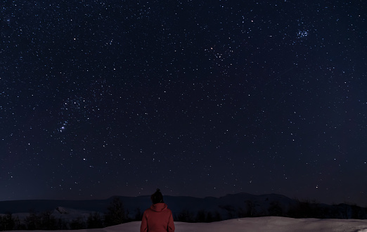 Person looking up at a clear and starry night sky on a cold clear winters night.