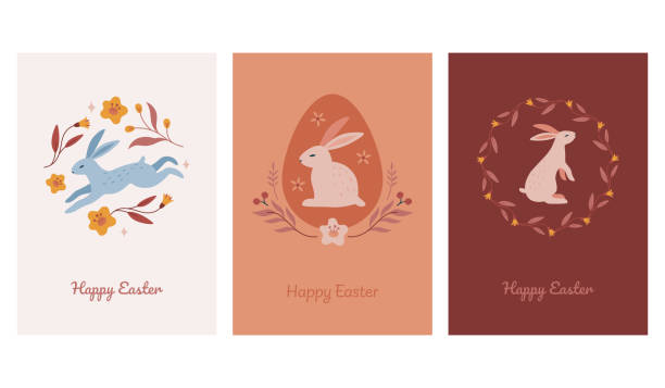 ilustrações de stock, clip art, desenhos animados e ícones de cute hand drawn easter design with bunnies, flowers, easter eggs, beautiful background, great for easter cards, banner - red easter blue frame