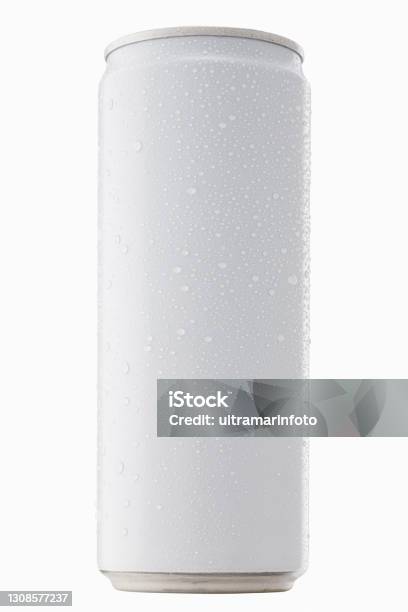 Blank Packaging White Can With Cool Water Droplet Condensation For Drink Beverage Product Design Mockup Isolated On White Background With Clipping Path Stock Photo - Download Image Now