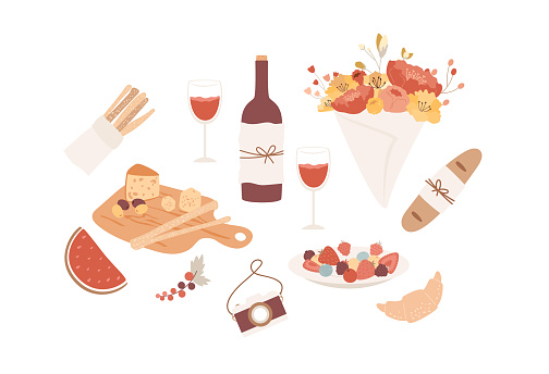 Picnic set for romantic dinner. Collection of vector delicious elements. Dishes, red wine glasses and bottle, baguette and pastries