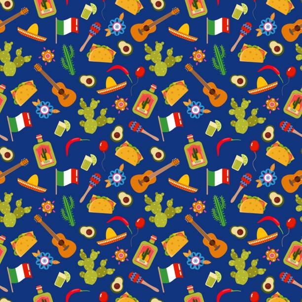 illustrazioni stock, clip art, cartoni animati e icone di tendenza di motivo senza cuciture con elementi tradizionali per la vacanza cinco de mayo. - mexican culture cinco de mayo backgrounds sombrero