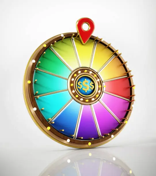 Photo of Prize wheel with blank colorful slices isolated on white