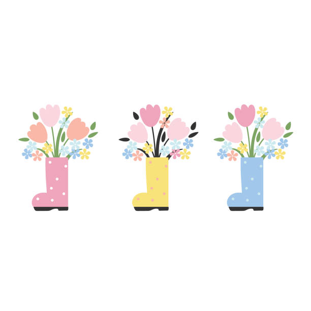 [ID: an illustration of three solo rainboots, all have white polka-dots but are different colors - pink, yellow, and blue. There is a collection of various wildflowers coming out of each one.]