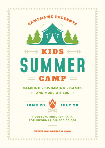 Kids summer camp poster or flyer event retro typography design template and forest lanscape and tent background Kids summer camp poster or flyer event retro typography design template and forest lanscape and tent background. Vector illustration. music festival camping summer vacations stock illustrations