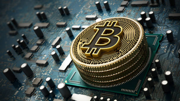 istock Crypto currency / Blockchain concept with coins on the motherboard 1308582932