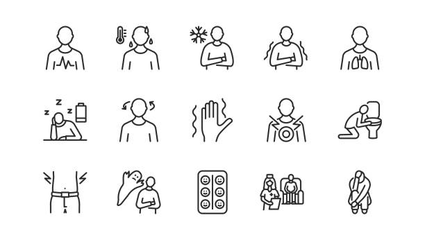 stockillustraties, clipart, cartoons en iconen met paniekaanval symptomen platte lijn pictogram ingesteld. vector illustratie psychologische ziekte gekenmerkt door duizeligheid, braken, hartkloppingen, angst voor de dood. bewerkbare lijnen - moe