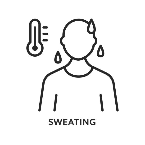 ilustrações de stock, clip art, desenhos animados e ícones de sweating flat line icon. vector illustration anxiety person and high temperature, fever - thirsty