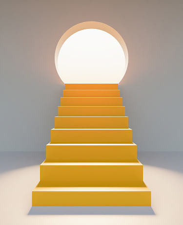 abstract yellow stairs in front with a round door illuminated with sun glare. product presentation. 3d render