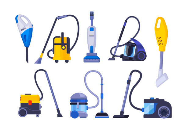 ilustrações de stock, clip art, desenhos animados e ícones de vacuum cleaner equipment cartoon set. washing robot cyclone and car vacuum cleaner. - vacuum cleaner