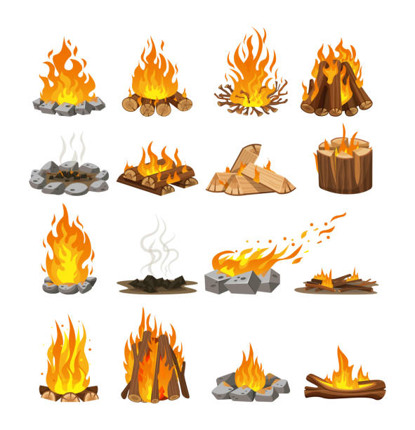 illustrazioni stock, clip art, cartoni animati e icone di tendenza di tavole di legna da ardere, falò esterno di rami, tronchi di legno in fiamme, fiammeggianti, falò di fuoco estinto, carboni. falò di legno. rami di materiale in legno, assi, tronchi. fiamme legna da ardere, fiamme falò - campfire coal burning flame