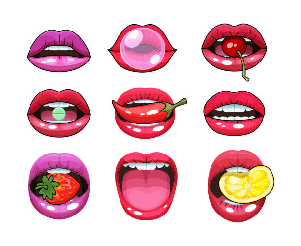 Sexy woman mouth set. Red sexy girls lips stickers expressing differents emotions. Sexy sensual, provocative lips with pepper, lemon, strawberry, chewing gum, pill in the teeth vector Sexy woman mouth set. Red sexy girls lips stickers expressing differents emotions. Sexy sensual, provocative lips with pepper, lemon, strawberry, chewing gum, pill in the teeth vector illustration candy in mouth stock illustrations
