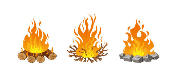 brennholzbretter, außenlagerfeuer von zweigen, feuer brennende holzstämme, flammen, ausgestorbenes feuer lagerfeuer, kohlen. holz lagerfeuer. holzmaterial zweige, bretter, stämme. brennholzflammen, lagerfeuerflamme - campfire coal burning flame stock-grafiken, -clipart, -cartoons und -symbole