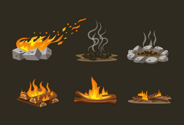 brennholzbretter, nacht im freien lagerfeuer von zweigen, feuer brennende holzstämme, flammen, ausgestorbenes feuer lagerfeuer, kohlen. holz lagerfeuer. holzmaterial zweige, bretter. brennholzflammen, lagerfeuerflamme - campfire coal burning flame stock-grafiken, -clipart, -cartoons und -symbole