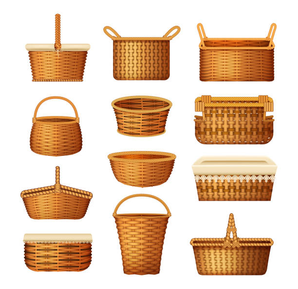 Realistic wicker basket set. Handcraft decorative basketry picnic containers. Empty wicker basket for Easter holiday, picnic, home decoration vector Realistic wicker basket set. Handcraft decorative basketry picnic containers. Empty wicker basket for Easter holiday, picnic, countryside, home decoration vector illustration basket stock illustrations